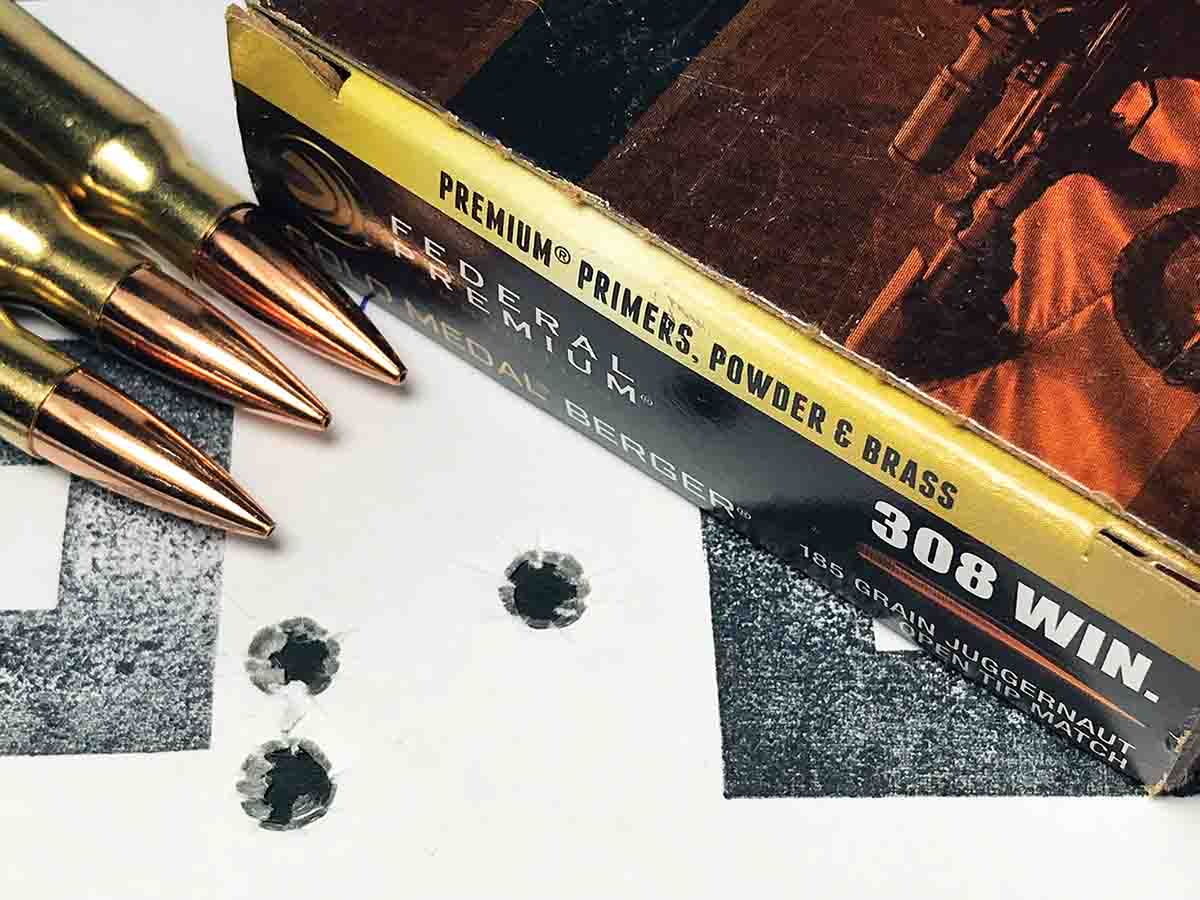 The .308 test rifle produced this group at 100 yards shooting Federal Premium Gold Medal Berger loads with 185-grain Juggernaut Open Tip Match bullets.